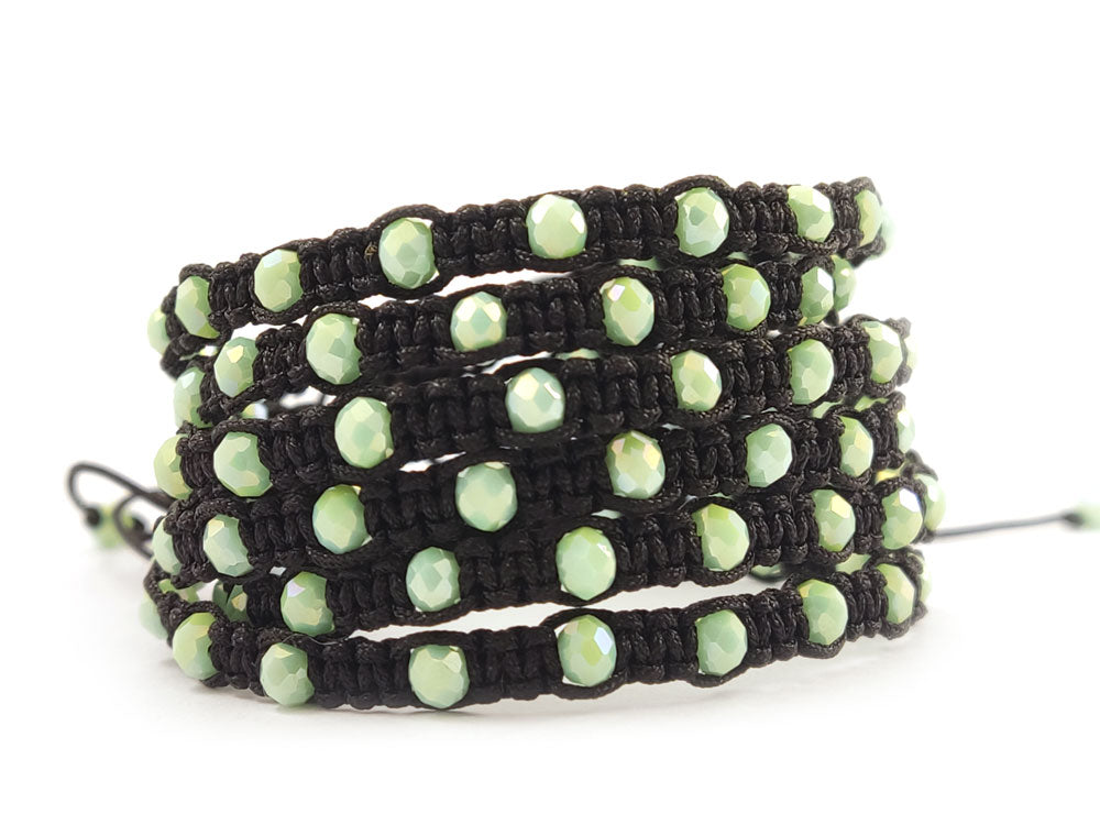 Handmade black cord Shamballa bracelet with light green crystals