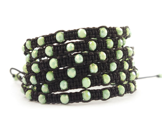 Handmade black cord Shamballa bracelet with light green crystals