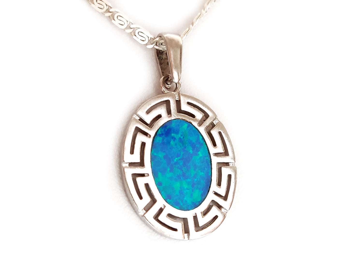 Greek Silver Blue Opal Oval Pendant 23x20mm Chain Necklace