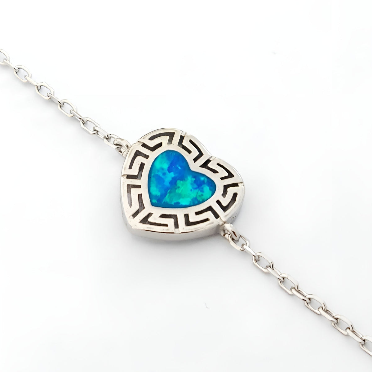 Blue opal heart sterling silver chain bracelet