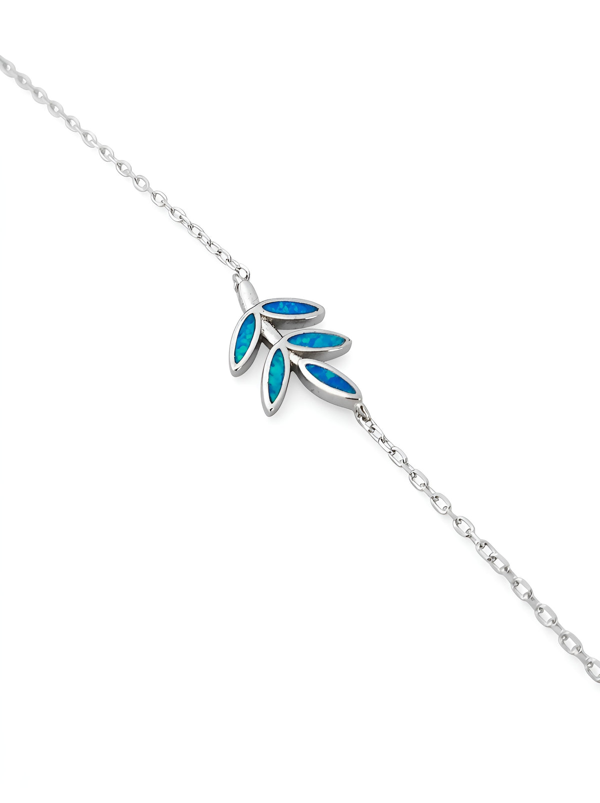 Close up of blue opal leaf sterling silver bracelet