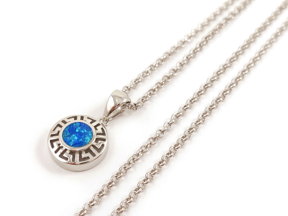 "Close-up of Sterling Silver 925 Greek Key Meander Blue Opal Pendant with a 2mm chain, 12mm pendant size."
