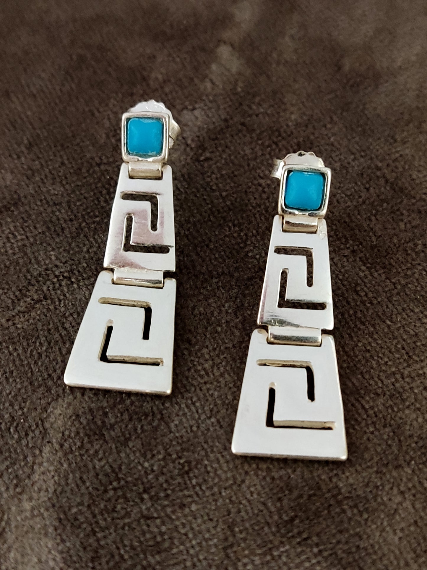 Greek Key Turquoise Gradual Silver Earrings