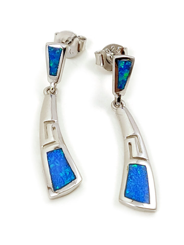 Greek Silver Earrings - Sterling Silver 925, Small Dangle Studs with Ancient Greek Meander Design and Blue Opal - Unique Greek Jewelry, Free Shipping Worldwide