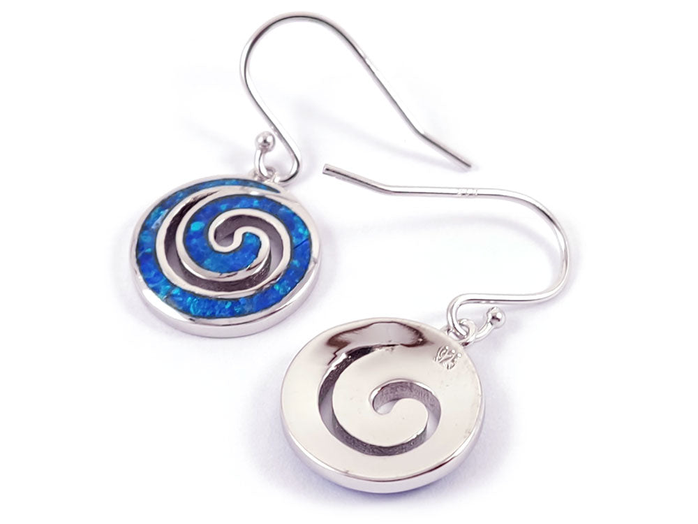 Back View of Greek Spiral Infinity Dangle Earrings – A rear perspective of the Sterling Silver 925 earrings, showcasing the smooth silver finish, hallmark stamp, and meticulous craftsmanship from every angle.