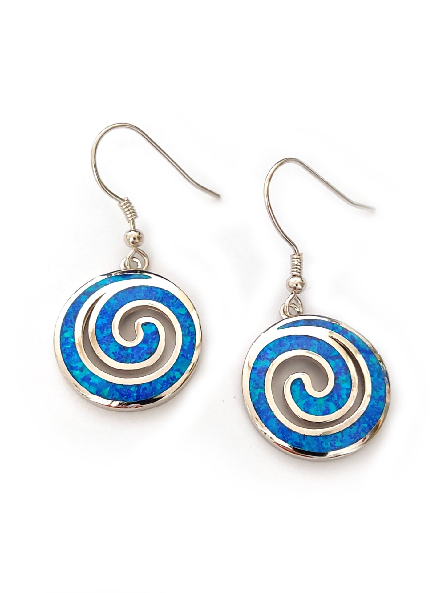 Greek Spiral Blue Opal Silver Dangle Earrings 18mm