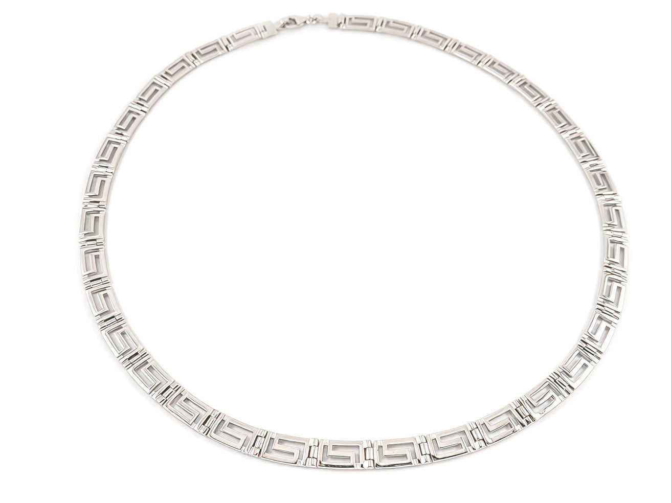 Greek meander design silver necklace close-up