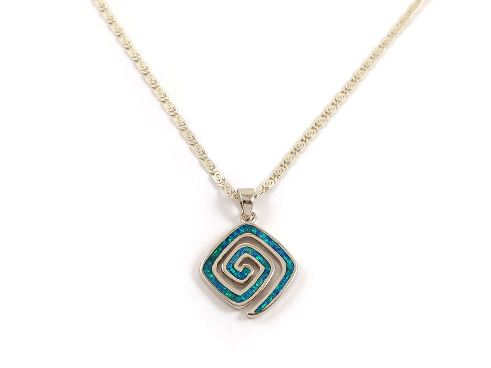 Greek Key Blue Opal Chain Pendant Necklace 15x15mm