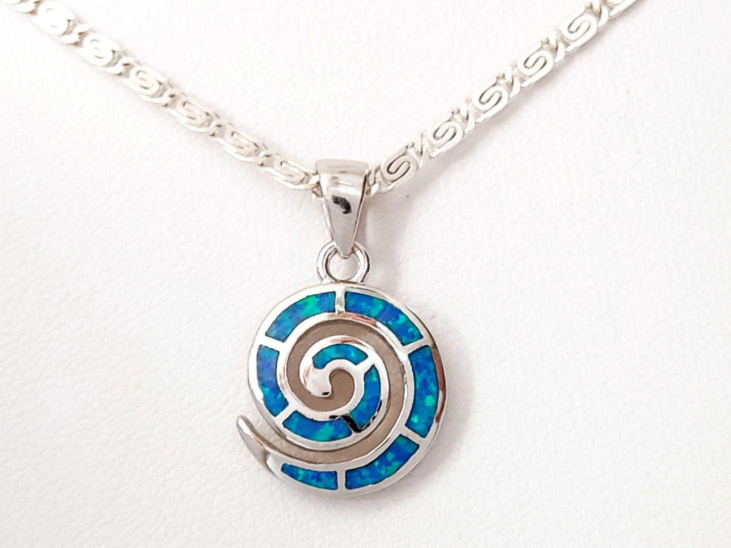 Greek Spiral Blue Opal Chain Silver Pendant 15mm Necklace