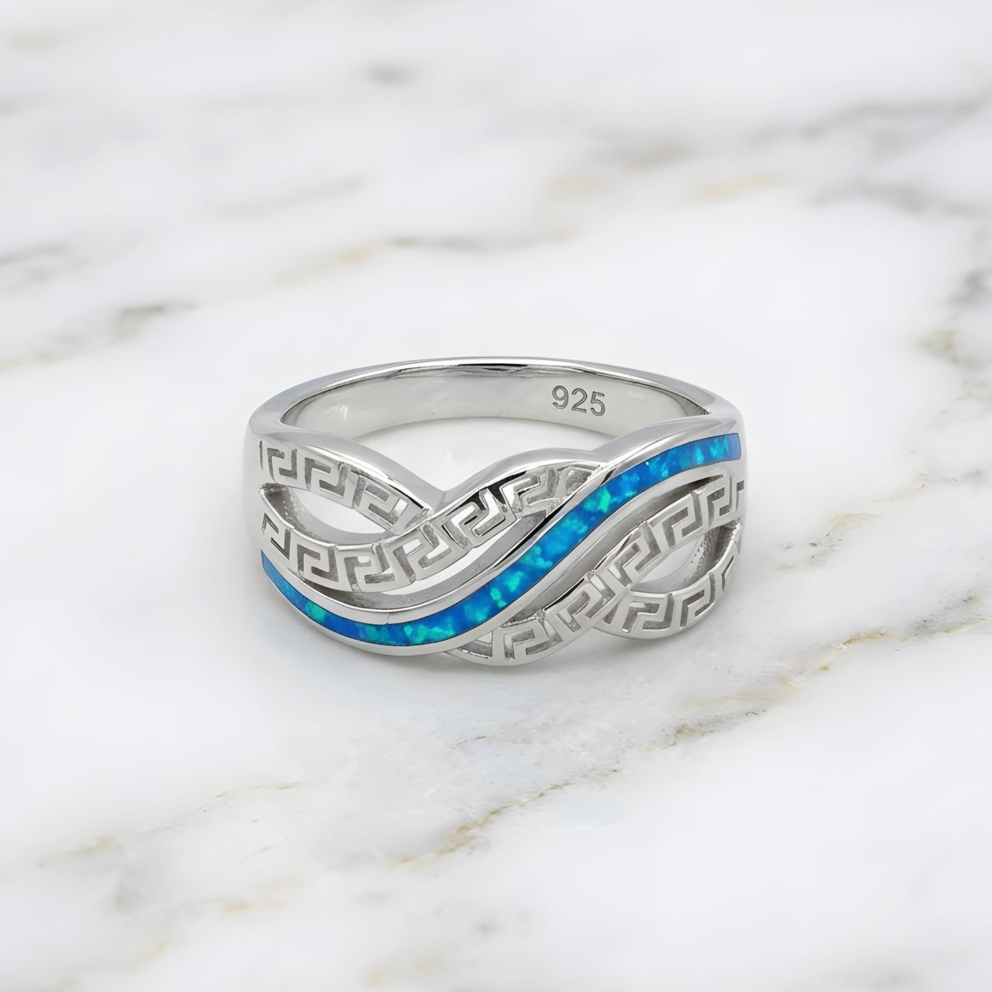 Sterling Silver 925 blue opal Greek Key ring made in Greece