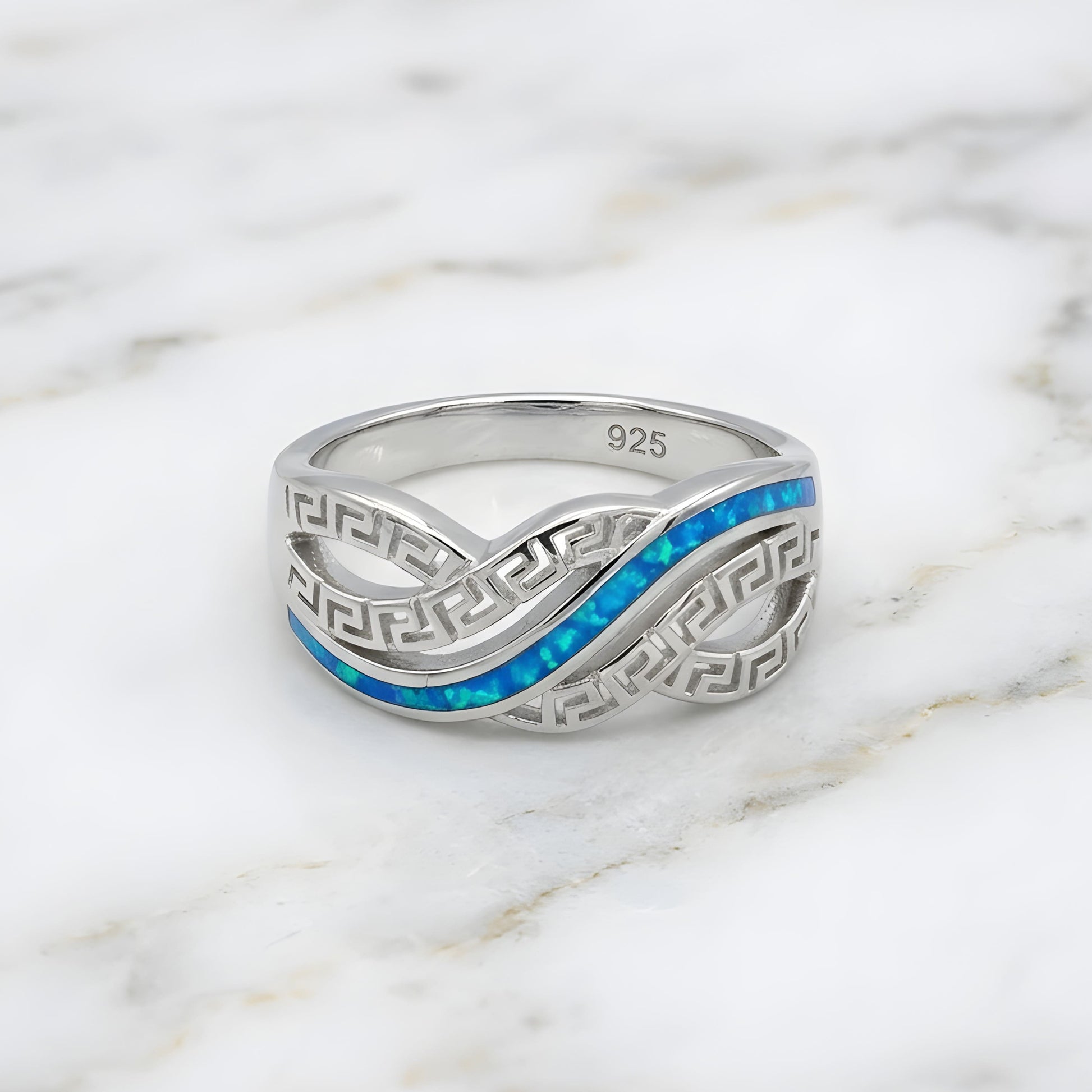 Sterling Silver 925 blue opal Greek Key ring made in Greece