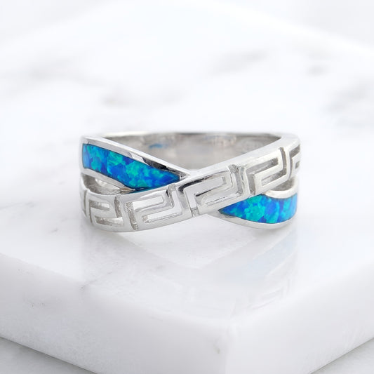 Sterling Silver 925 blue opal Greek Key Meander ring