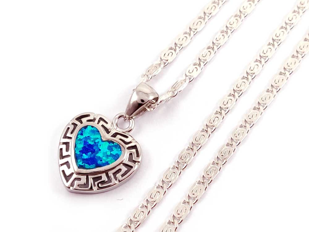 Greek Key Blue Opal Silver Heart Pendant Necklace 15mm