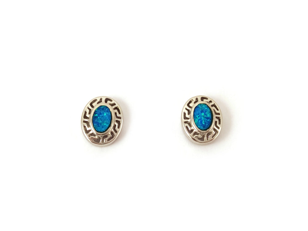 "Small Blue Opal Sterling Silver Earrings, Greek Key Pattern, 10x8mm, Crafted in Greece, 925 Hallmarked"
