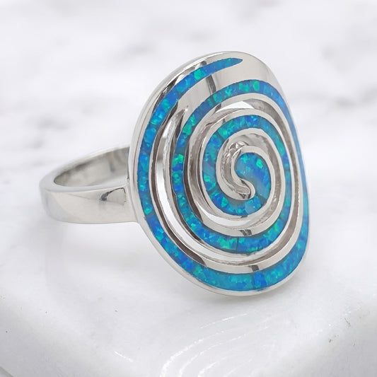 Greek circle of life blue opal silver ring