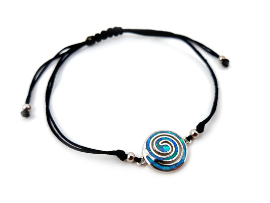Greek silver blue opal bracelet with black cord adjustable size.