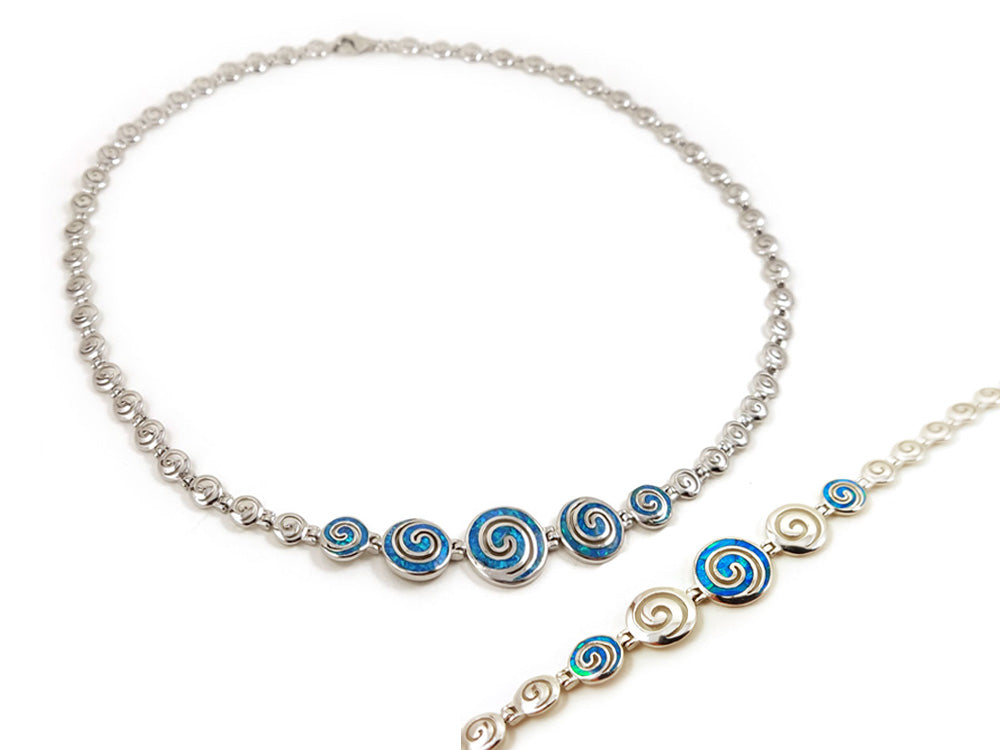 Greek spiral necklace and bracelet as a jewelry set , made of silver and blue opal stones. Made in Greece and free shipping worldwide !