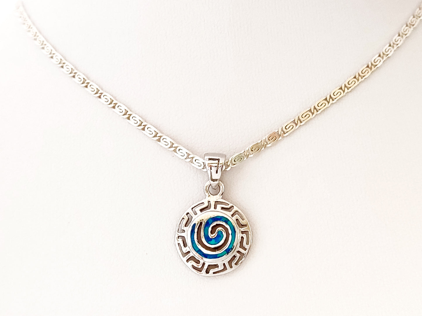 Greek Silver Necklace With Blue Opal Spiral Pendant