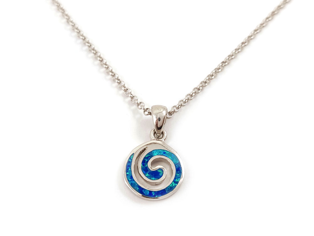 "Sterling Silver 925 jewelry pendant with blue opal, showcasing intricate Greek spiral patterns; dimensions: 13 mm (0.50 inches)."

