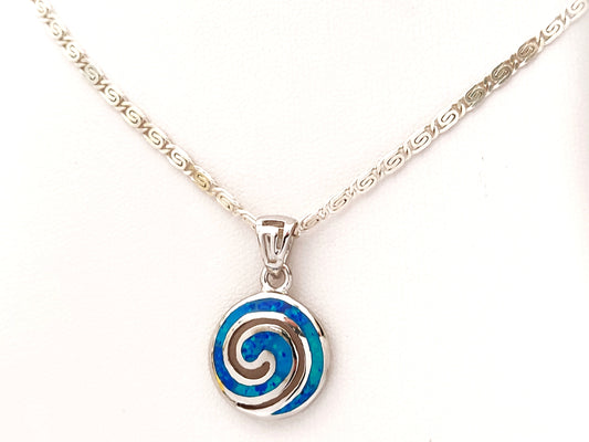 Greek silver spiral pendant with blue opal stones together with an optional Greek silver chain on white background.