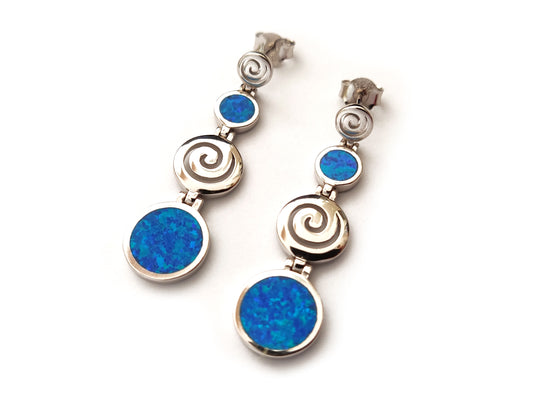 Greek spiral silver dangle long earrings with blue opal stones.