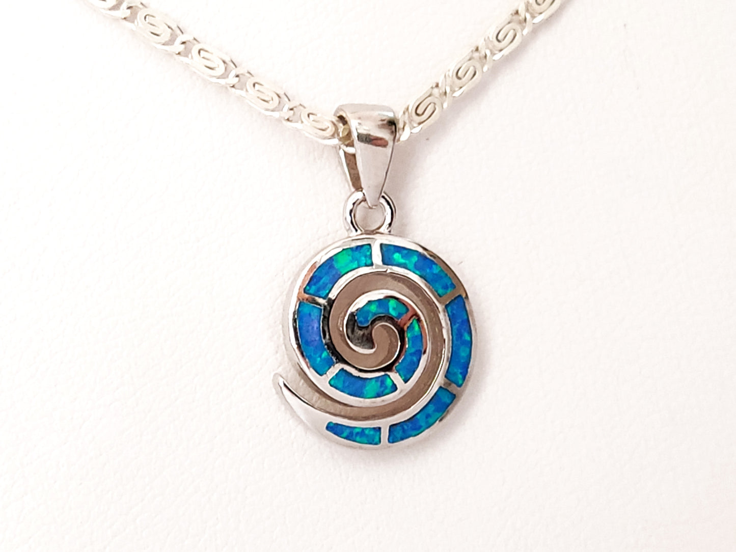 Greek Spiral Blue Opal Chain Silver Pendant 15mm Necklace