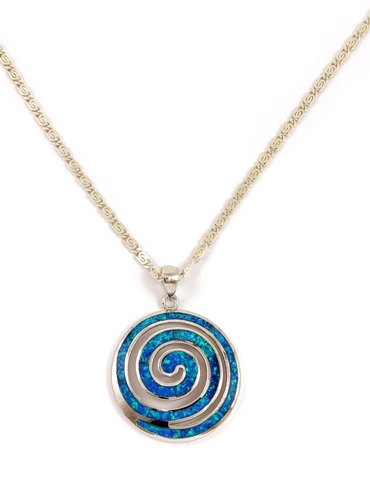 Greek Spiral Blue Opal Chain Pendant Necklace 25mm