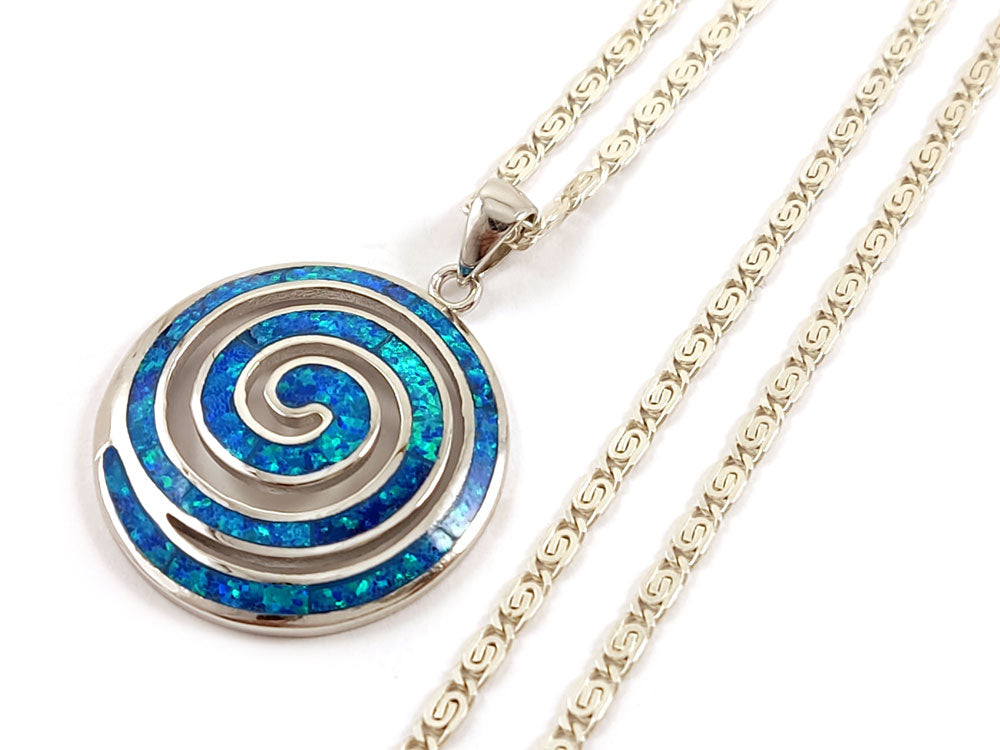 Greek Spiral Blue Opal Chain Pendant Necklace 25mm