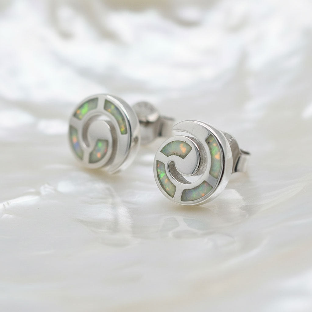 Sterling silver 925 white opal stud earrings Greek infinity spiral