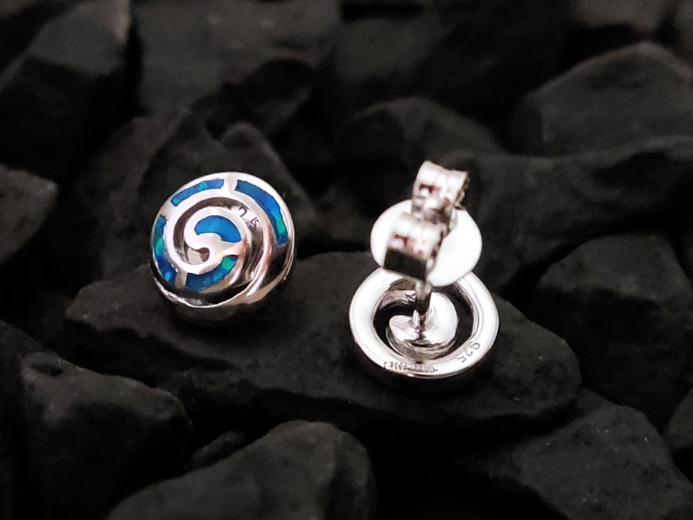 Greek Spiral Blue Opal Silver Studs Earrings 9mm