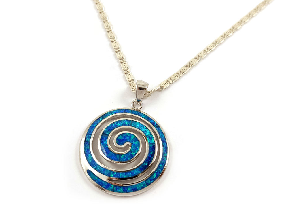 Greek Spiral Blue Opal Chain Pendant Necklace 25mm