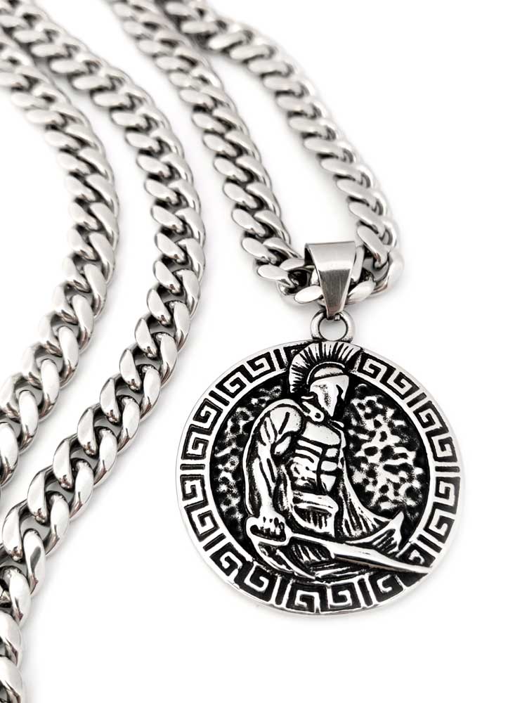 Greek Stainless Steel Warrior Meander Pendant Necklace 37mm