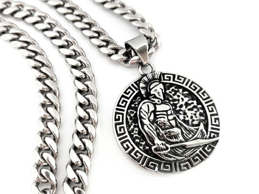 Greek warrior stainless steel pendant with sword and meander design