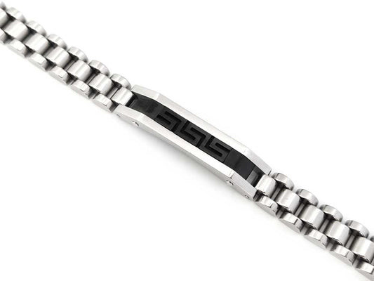 Greek Key stainless steel bracelet with black design – adjustable length 18-21 cm, 10mm width.

