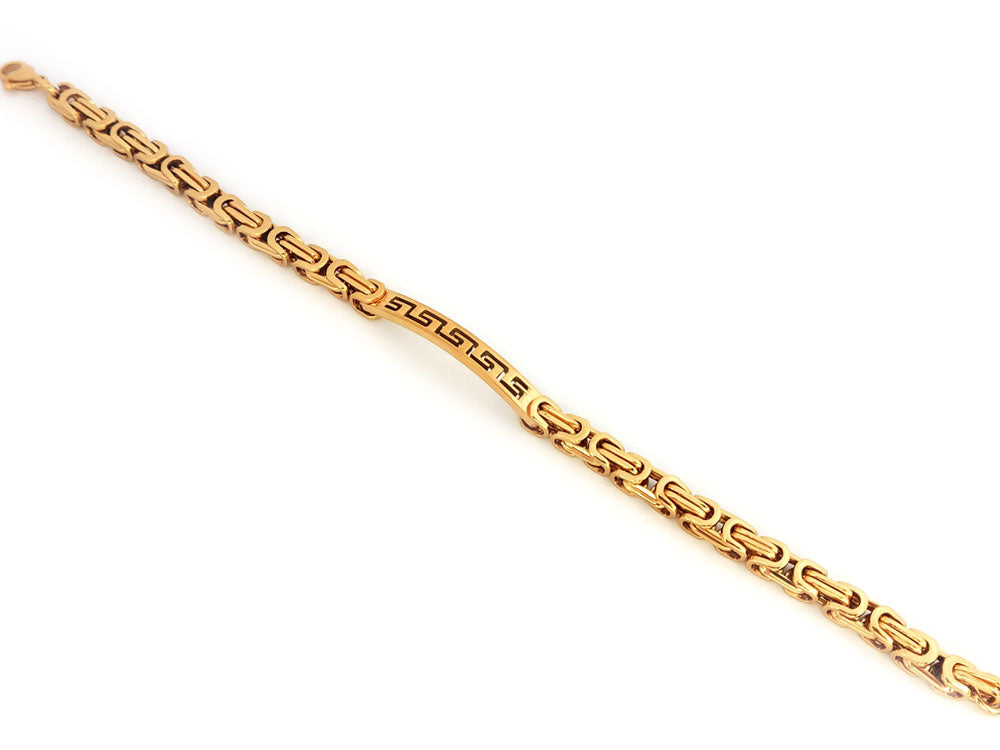 Greek Key gold bracelet worn on wrist, 22 cm length, 5 mm width