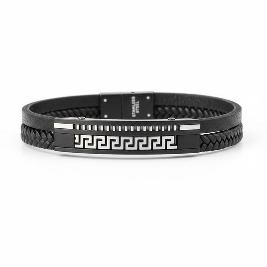 • Stainless steel black leather double row bracelet silver black
