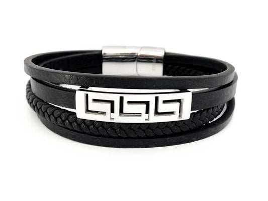Black leather Greek key bracelet with stainless steel clasp – 4-in-1 layered design, made in Greece

