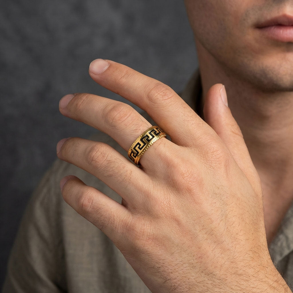 Greek Key Spinner Ring Stainless Steel Black Gold Band