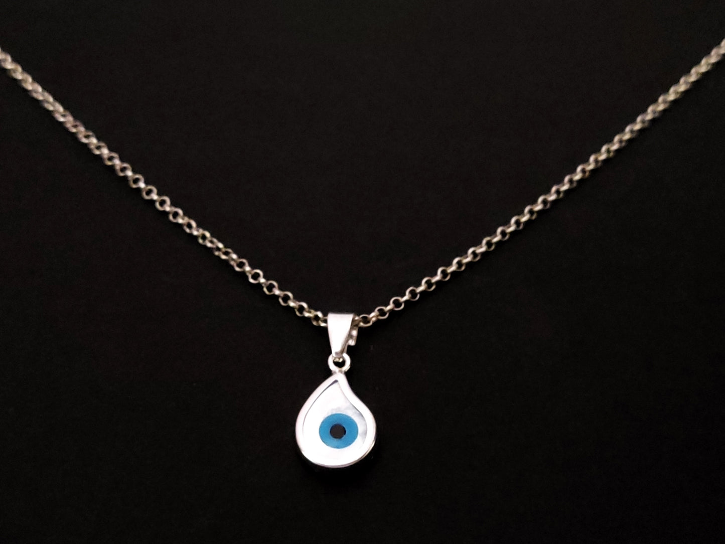 Sterling Silver 925 Greek Evil Eye Drop Shape Pendant 9x12mm Necklace