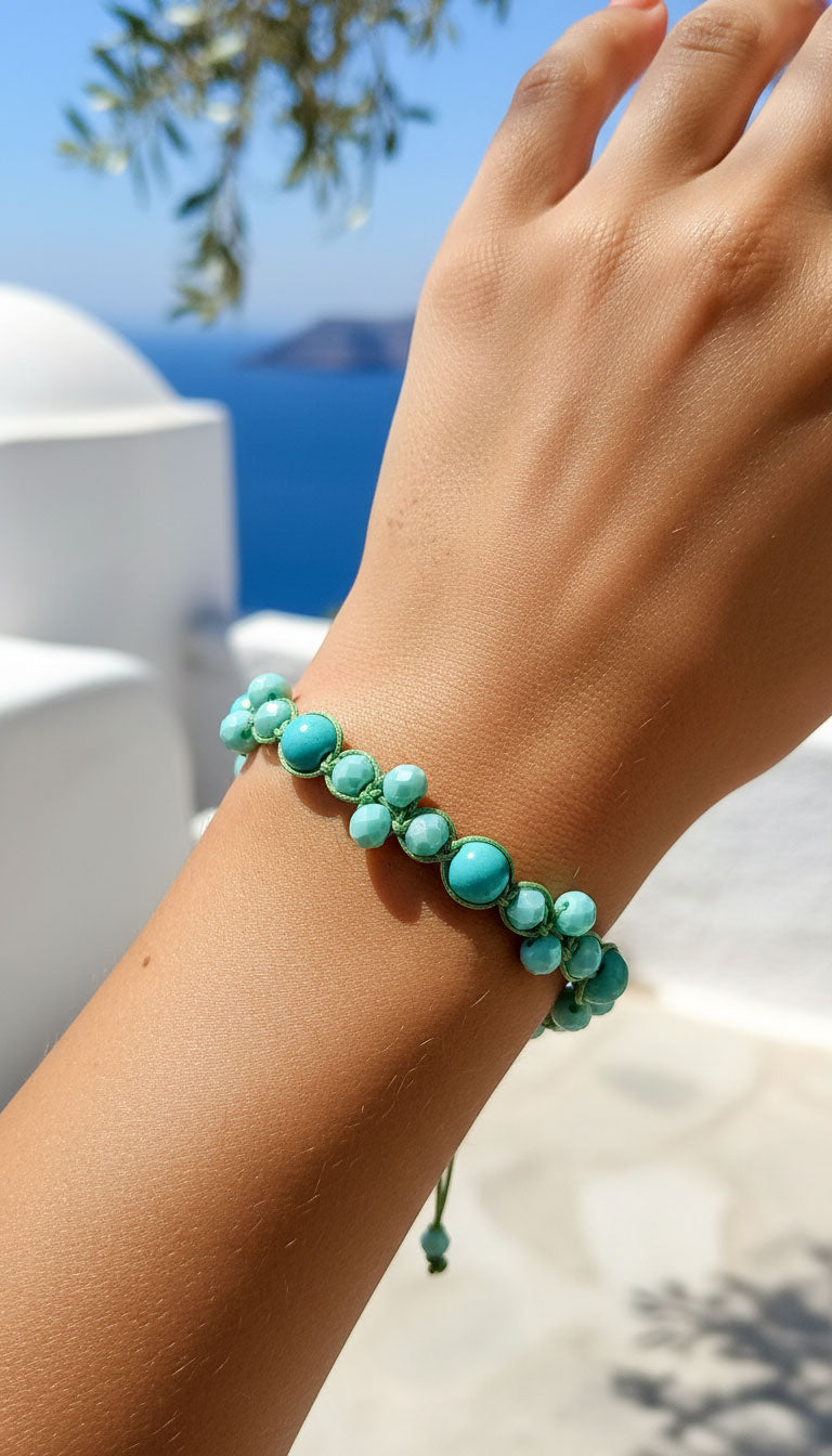 Adjustable Shamballa bracelet with natural turquoise stones