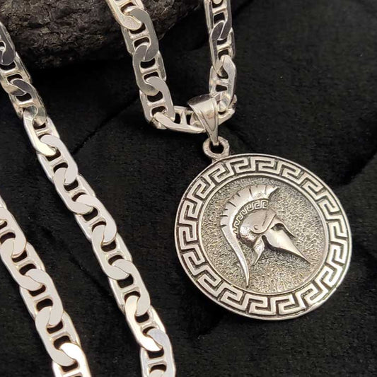 Close-up of Sterling Silver 925 Greek Key and Ancient Greek Helmet Pendant, 25mm, showcasing intricate craftsmanship.
