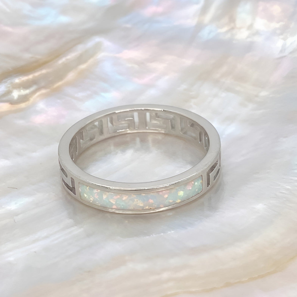 Sterling silver 925 fire rainbow white opal Greek key meander ring