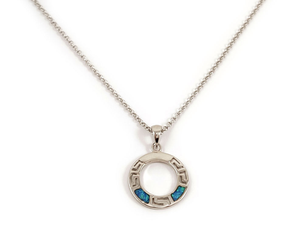 Elegant Blue Opal Sterling Silver 925 Pendant featuring a Greek Key Meander Design, 20mm pendant size.
