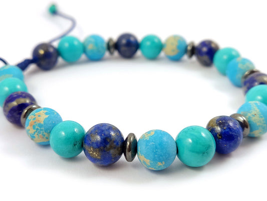 Stylish bracelet featuring natural 8mm stones—Turquoise, Agate, and Lapis Lazuli—with a comfortable adjustable fit.
