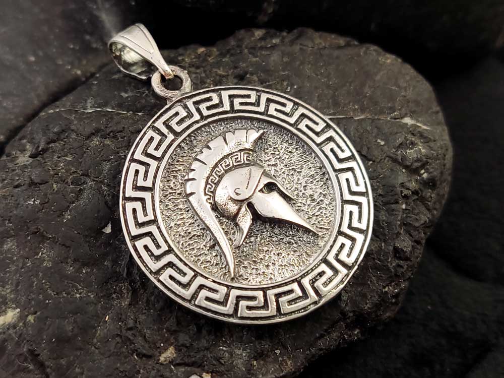 Handmade Greek warrior pendant in Sterling Silver 925, featuring a detailed Ancient Greek Helmet design.
