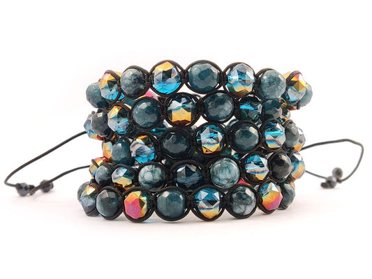 Black cord shamballa bracelet with green jade and dark green crystals