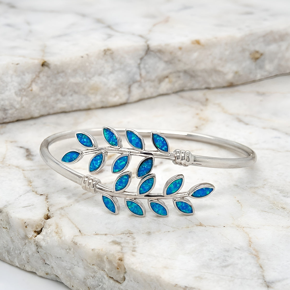 Sterling Silver 925 blue opal Greek olive leaf cuff bracelet