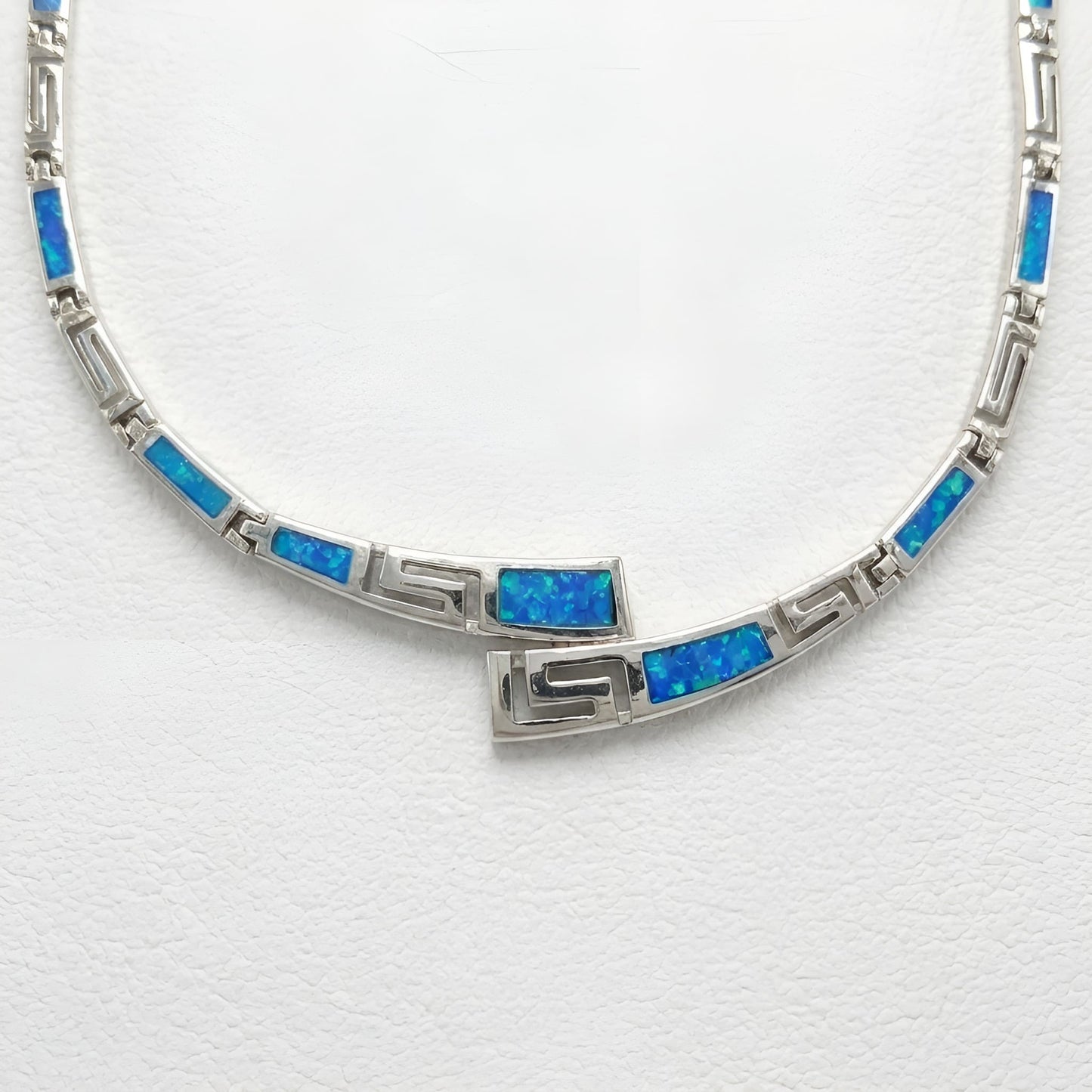 925 sterling silver Greek Key necklace with blue opal