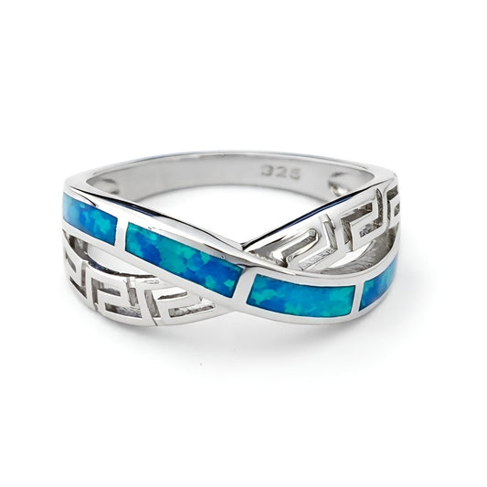 Sterling Silver 925 blue opal Greek Key Meander ring