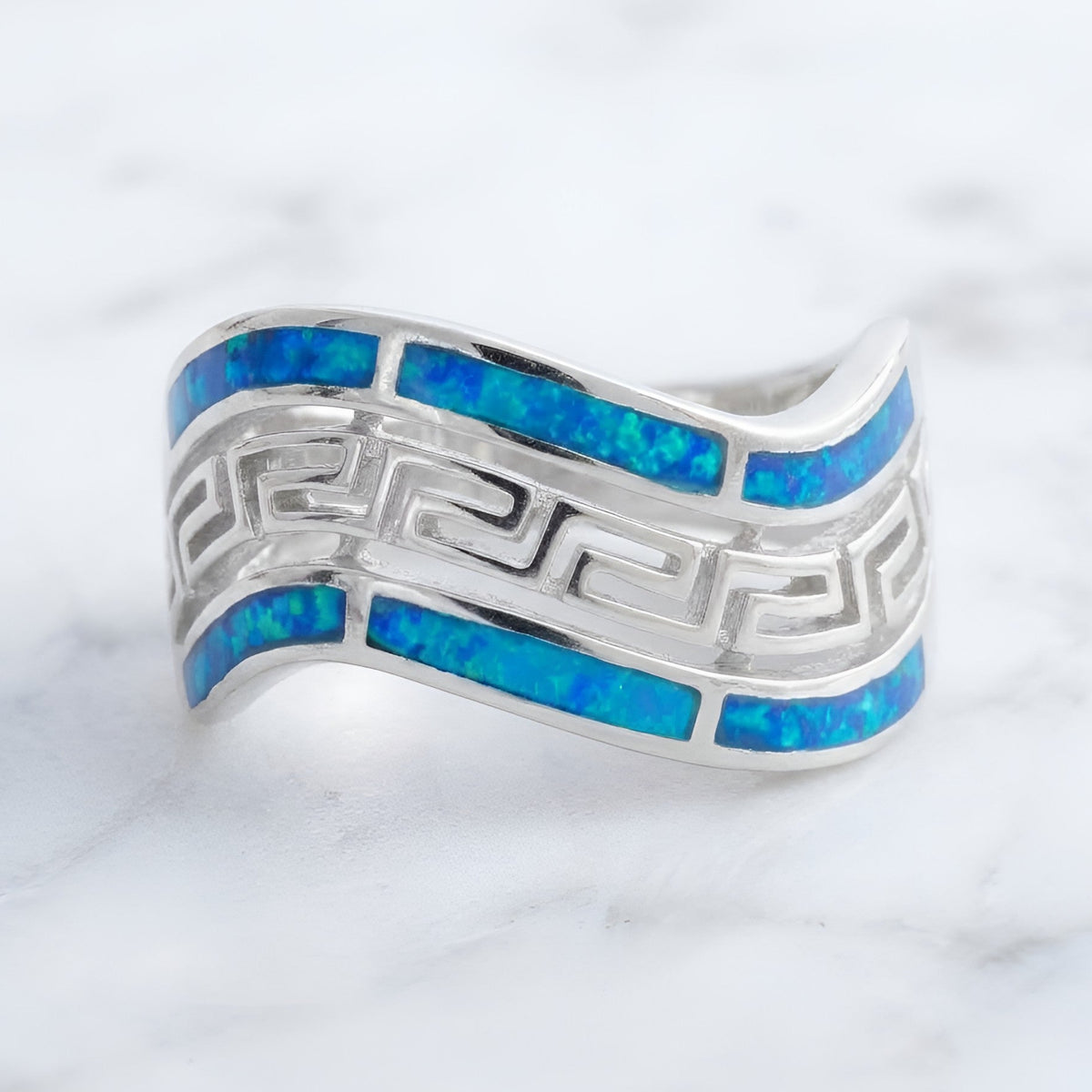 Sterling Silver 925 blue opal Greek key ring